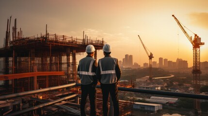 Two Asian engineers are inspecting the progress of a major construction project in Thailand, standing on a raised platform. One points out specific details of the structure to the other