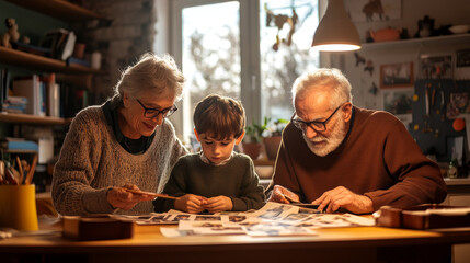 Sharing precious memories, grandmother and grandfather engage with their grandson as they explore old photographs together. warm atmosphere reflects love and nostalgia