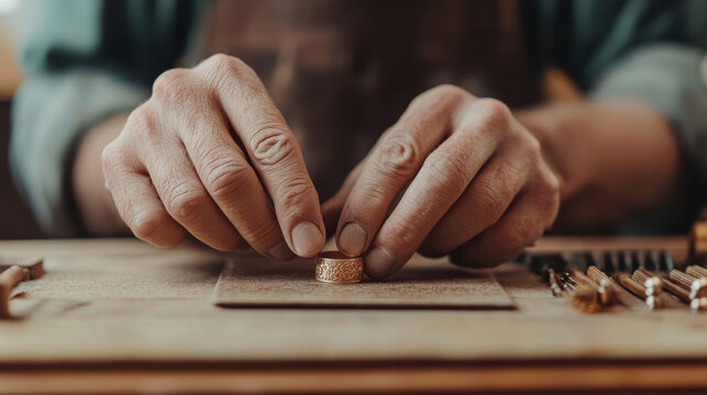 Craftsman hands carefully working on decorative ring, showcasing artistry of jewelry making. focus is on precision and skill in workshop setting
