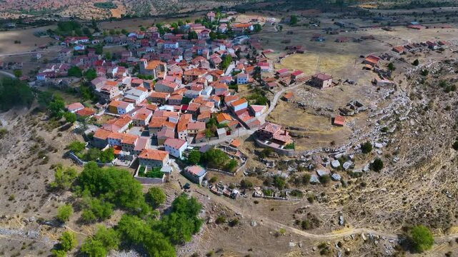 Landscape in the surroundings of the village of Zaorejas. Aerial view from a drone. Molina Alto Tajo Geopark. Alto Tajo Natural Park. Guadalajara Province. Castilla la Mancha. Spain. Europe.