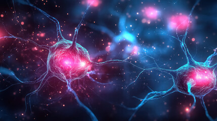 glowing neural network with vibrant blue and pink neurons