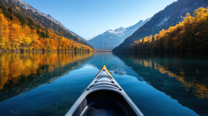 Obraz premium tranquil kayaking on a clear mountain lake with autumn colors