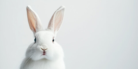 Obraz premium Close-Up Portrait of a Cute White Rabbit with Floppy Ears in Soft Light, copy space