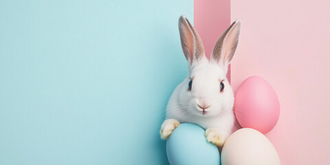 Obraz premium Adorable Easter Bunny Surrounded By Colorful Painted Eggs on Pastel Background
