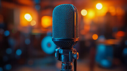 Microphone in a warm, softly lit studio with a blurred background, symbolizing broadcasting or podcasting