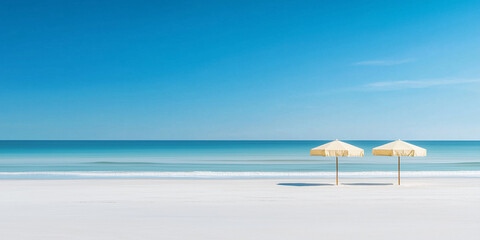 Fototapeta premium Idyllic Beach Scene with Blue Skies and Sunlit Umbrellas, summer concept, copy space