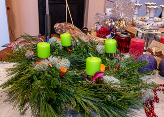 making an advent wreath, floristry concept, handmade, various items for creating Christmas...