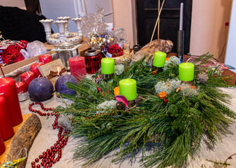 making an advent wreath, floristry concept, handmade, various items for creating Christmas...