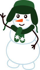 Cute snowman in a hat with earflaps and a scarf waves his hand