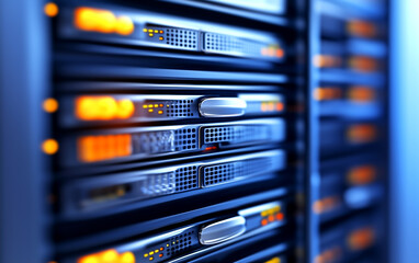 Naklejka premium A row of computer servers with orange lights on. The servers are connected to each other and are part of a large network