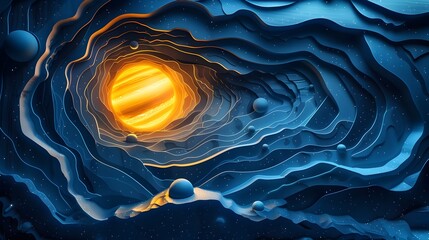A blue and orange planet with a yellow sun in the center