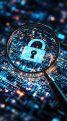 Cybersecurity data protection focus digital environment technology concept magnifying glass viewpoint over lock