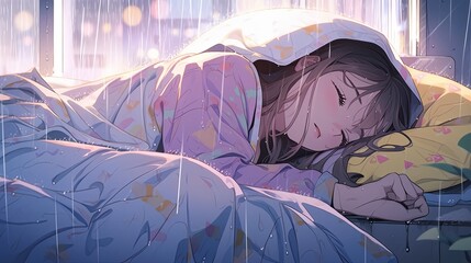 Young woman in a colorful hoodie sleeps peacefully on a bed, raindrops falling outside a window, creating a serene and melancholic atmosphere
