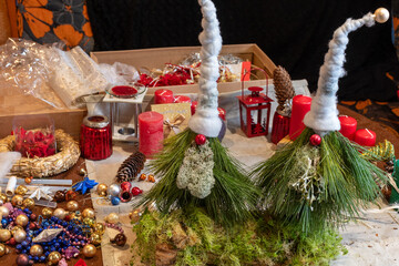 making an advent wreath, floristry concept, handmade, various items for creating Christmas...