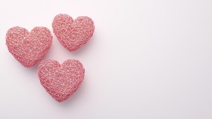 Obraz premium Three Charming Pink Heart Decorations Crafted from Twine on Minimalist White Background for Romantic Themes