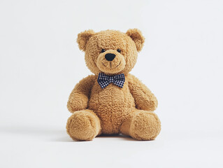 A classic teddy bear wearing a bowtie, isolated on a clean white surface