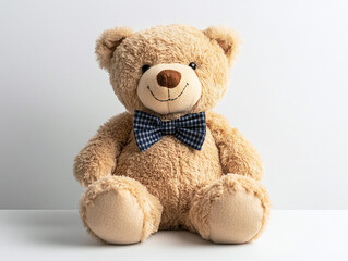 A classic teddy bear wearing a bowtie, isolated on a clean white surface