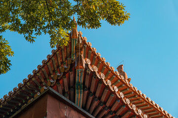 Close-up of the eaves of an ancient Chinese architectural style.