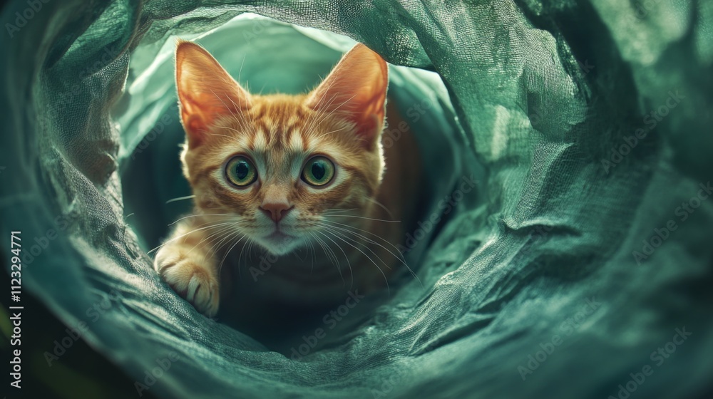 Poster curious ginger cat exploring tunnel of green textile material