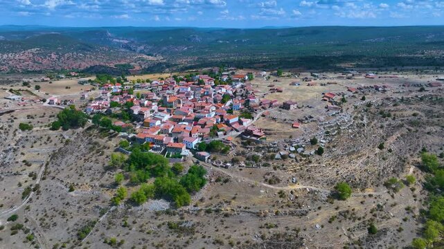 Landscape in the surroundings of the village of Zaorejas. Aerial view from a drone. Molina Alto Tajo Geopark. Alto Tajo Natural Park. Guadalajara Province. Castilla la Mancha. Spain. Europe.