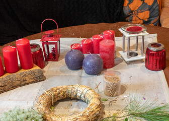 making an advent wreath, floristry concept, handmade, various items for creating Christmas...