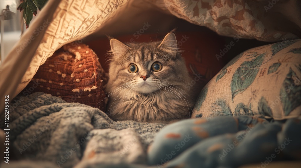 Poster cozy cat hiding under blankets surrounded by soft textures and colors