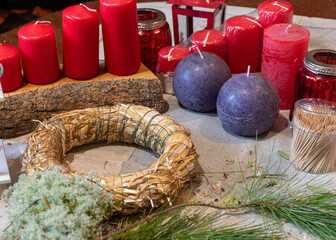 making an advent wreath, floristry concept, handmade, various items for creating Christmas...