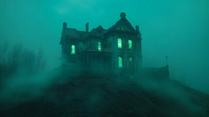 A decaying mansion atop a mist-covered hill, its windows aglow with soft, bluish-green flames, casting an eerie light.