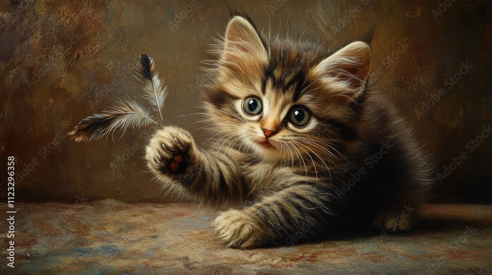 Poster adorable tabby kitten playing with fluffy feathers in soft light