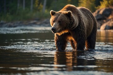 Obraz premium A brown bear is fishing in a river in the forest against the background of sunset.