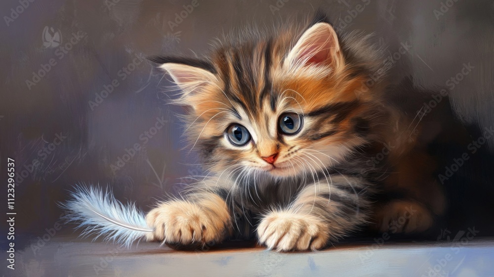Poster adorable fluffy kitten playing with soft feather toy in studio light