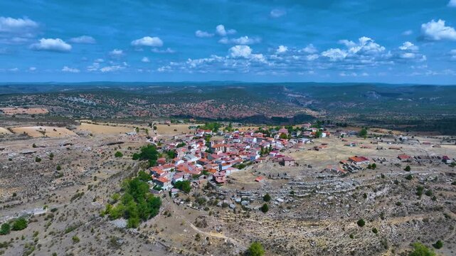 Landscape in the surroundings of the village of Zaorejas. Aerial view from a drone. Molina Alto Tajo Geopark. Alto Tajo Natural Park. Guadalajara Province. Castilla la Mancha. Spain. Europe.