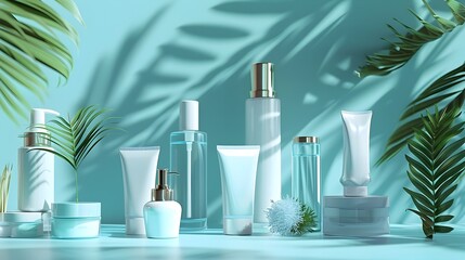 A collection of beauty products are displayed on a table