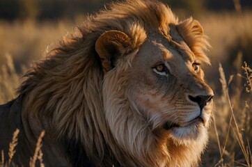 Obraz premium A male lion in the savannah against the background of the rays of the sun.