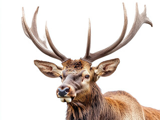 Majestic elk with impressive antlers isolated on white background.