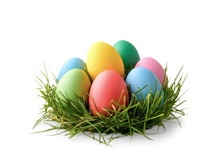 Fototapeta premium Colorful easter eggs in grass on transparent