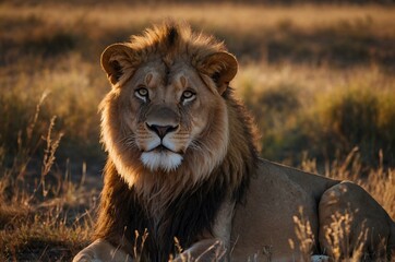 A male lion in the savannah against the background of the rays of the sun.