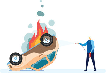 Firefighter using a fire extinguisher to extinguish flames on a burning overturned car, illustrating a car accident and insurance scenario with emphasis on emergency response and safety