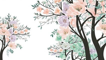Pastel Flowers Blooming on Dark Branches Against White Background