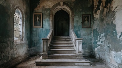 A decaying mausoleum, where the stone steps are crumbling, and the door creaks open as if by itself. Inside, faded portraits of forgotten souls line the walls.