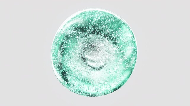 Turquoise cosmetic serum with liquid bubbles in a 3D abstract background. Hydrating essence gel enriched with collagen molecules. Moisturizing cream or oil for advanced skincare, beauty.