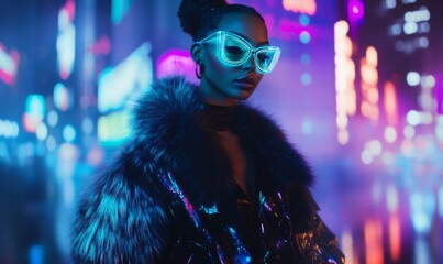 High-fashion futuristic runway look with a model wearing a sculptural faux fur coat. Holographic neon lights. Sleek urban skyline, reflective surfaces and glowing accents. Modern technology and luxury