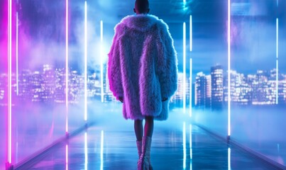 High-fashion futuristic runway look with a model wearing a sculptural faux fur coat. Holographic neon lights. Sleek urban skyline, reflective surfaces and glowing accents. Modern technology and luxury