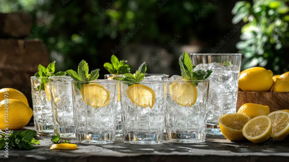 Poster Refreshing Lemonade with Mint in Glasses on a Rustic Table