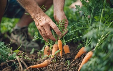 Close up, senior hands harvesting carrots in the garden. Regenerative, sustainable agriculture. Nature restoration, permaculture. Eco friendly resilience, holistic, biodiversity, soil centric concept