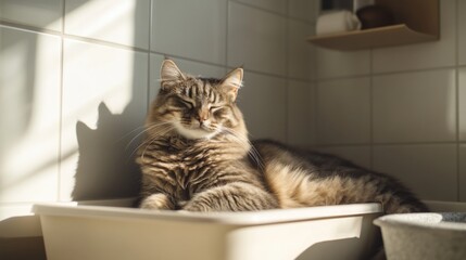 Cat Relaxing in Sunlit Bathroom on a Bathing Tray