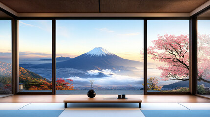 Fototapeta premium serene Japanese style room with minimalist design features breathtaking view of Mount Fuji, surrounded by cherry blossoms and autumn foliage, under clear sky