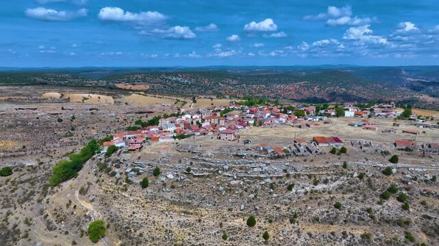 Landscape in the surroundings of the village of Zaorejas. Aerial view from a drone. Molina Alto Tajo Geopark. Alto Tajo Natural Park. Guadalajara Province. Castilla la Mancha. Spain. Europe.