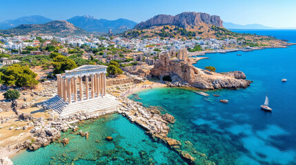 Fototapeta premium Ancient Greek temple ruins overlooking turquoise sea, surrounded by rocky cliffs, lush greenery, and charming coastal town under bright blue sky