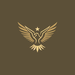 Obraz premium Golden Eagle Logo Wings Spread Star Above Brown Background